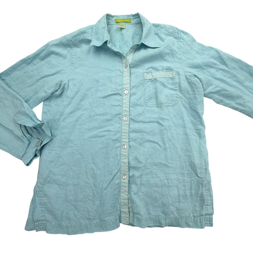 Sigrid Olsen Shirt Womens M Blue Linen Tunic Button-Up Relaxed Lightweight